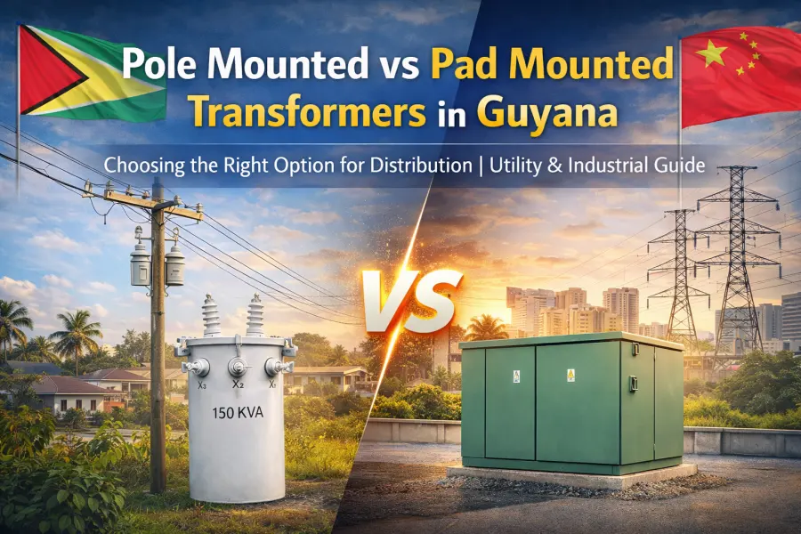 Pole mounted vs pad mounted transformers used in Guyana power distribution projects, showing utility pole mounted transformer and pad mounted transformer for medium voltage distribution, industrial facilities, and utility networks