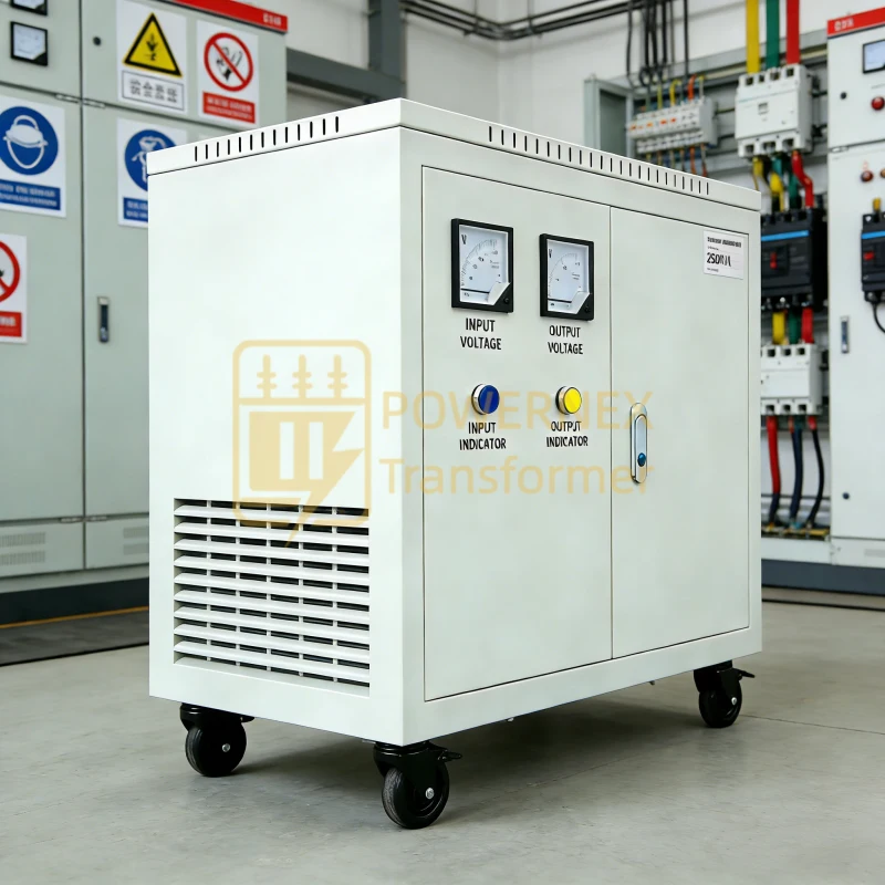 250 kVA three-phase industrial isolation transformer for factory power systems, designed for manufacturing plants and industrial electrical networks with multiple voltage options and global certifications – PowerNex