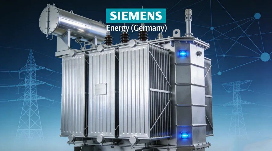 Siemens Energy power transformers for utilities, industrial power systems, and renewable energy projects, featuring high-voltage and large-capacity transformers used in transmission grids, substations, and offshore wind applications