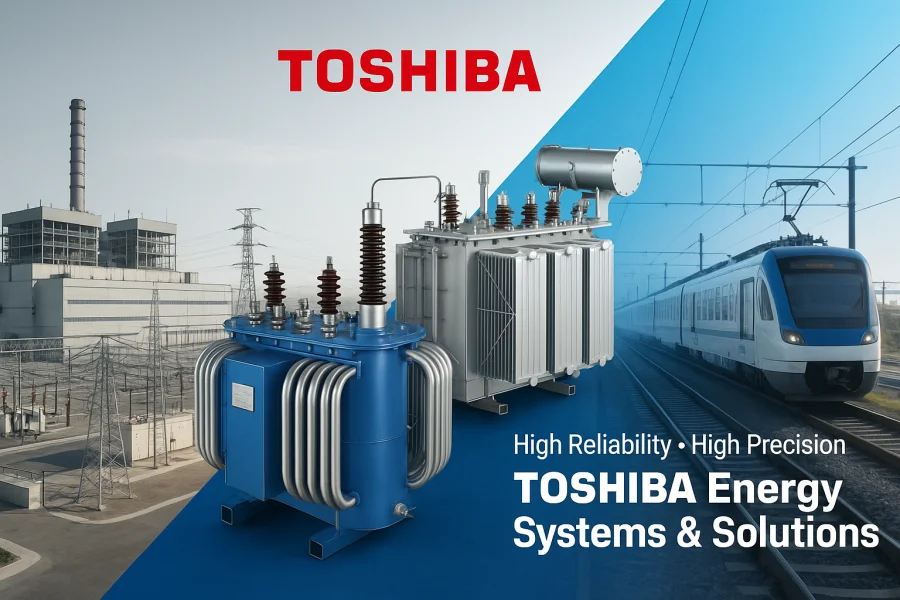 Toshiba power transformers for power generation plants, utility substations, and critical infrastructure, featuring large-capacity high-voltage oil-immersed transformers designed for reliable long-term operation