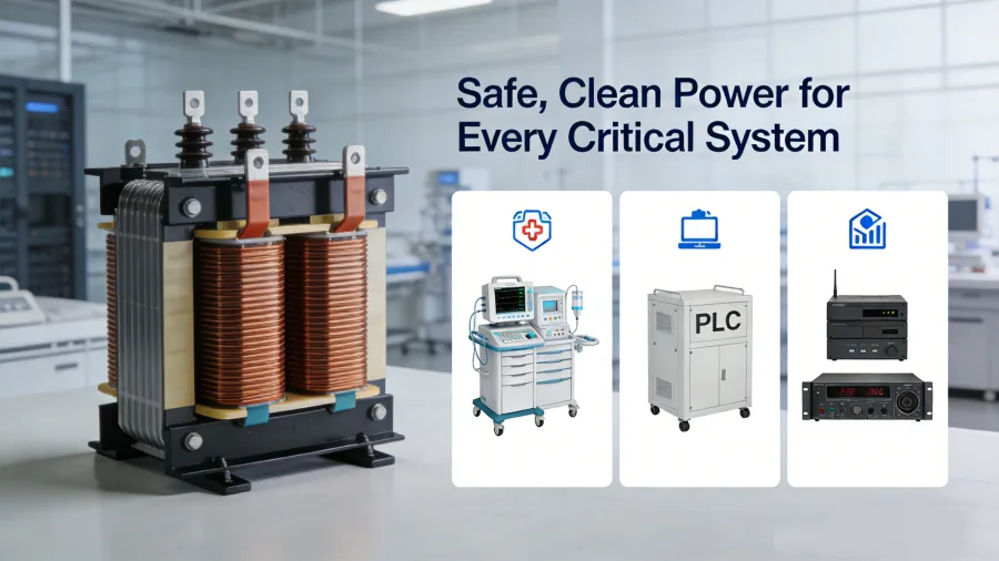 Dry-type isolation transformer improving electrical safety and system protection by providing galvanic isolation and reducing fault current risks in industrial power systems