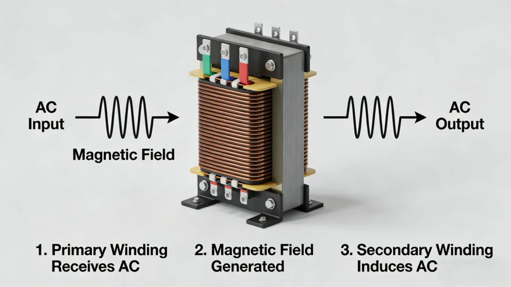 Working principle of a dry-type isolation transformer showing magnetic coupling between primary and secondary windings to achieve electrical and galvanic isolation in industrial power systems